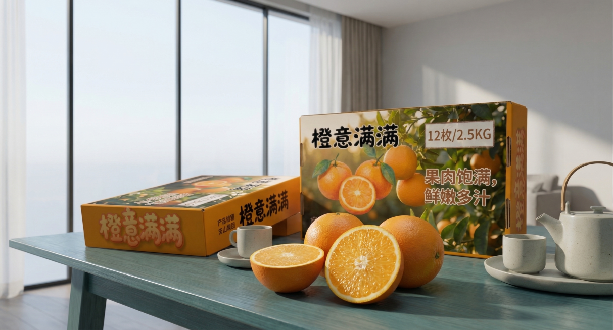 写实室内静物，空间带有透明大落地窗，轻奢极简北欧家居风格，柔和自然光，摆放两个赣南脐橙包装盒，前景放置新鲜赣南脐橙正面特写，包含完整橙子和切开的橙子，切开橙子呈现爆汁水润肌理，表皮果霜油胞真实清晰，布预览效果