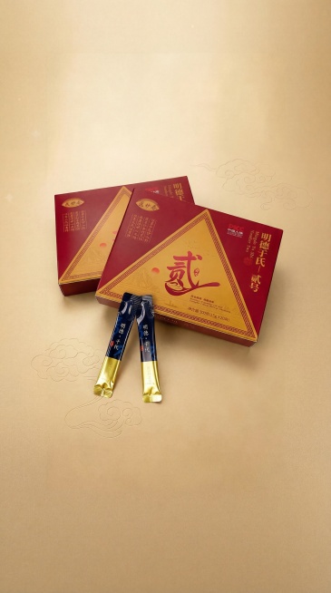 参考示例背景风格，使用干净简约的浅暖金色背景，添加浅压纹中式云纹图案，保持两个明德于氏贰号产品包装盒和两条独立膏方条的摆放位置与参考示例一致，保留产品所有文字、Logo和图案细节不变，保持整体干净简约预览效果