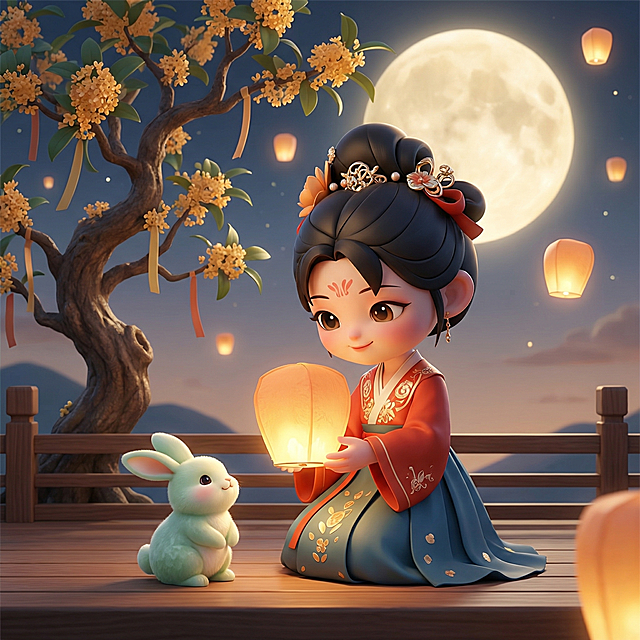 将这个IP古风少女形象放到中秋赏月场景中，改变人物动作让其更生动，增加互动感，场景包含圆月、玉兔、桂花、孔明灯等中秋元素，氛围静谧温馨，保持3D卡通风格，生成1:1比例海报