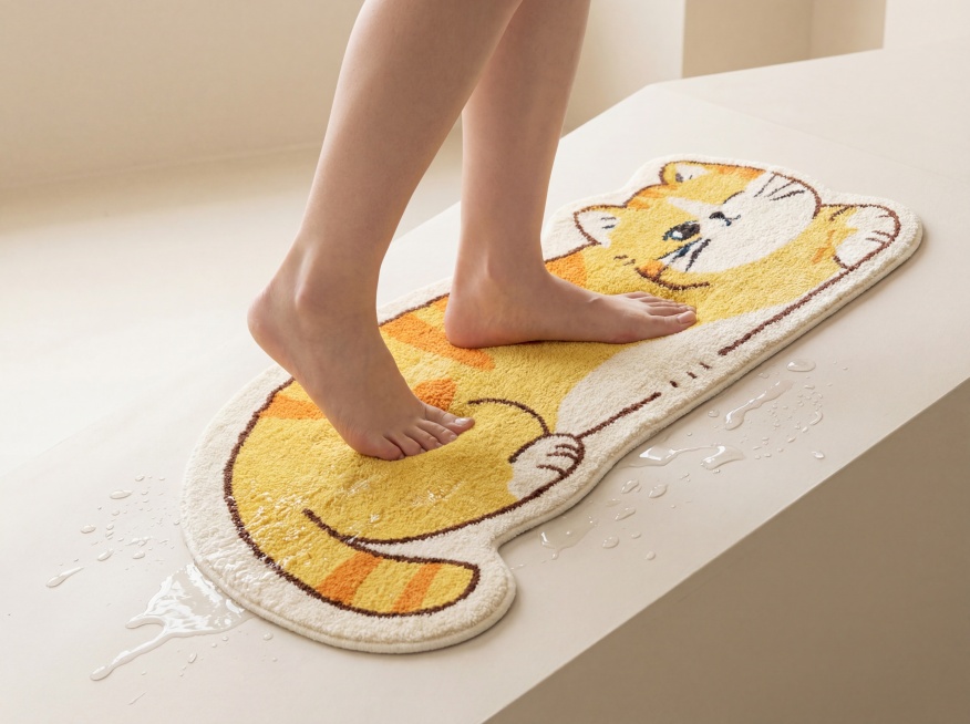 橘黄色猫咪造型毛绒地毯，保持产品本身的外形图案和材质纹理不变，严禁扭曲变形。将地毯放置紧贴在45度的防滑坡度中间，一双东亚美女的光脚双脚前后踩在地毯上，双脚深深陷入柔软蓬松的地毯面料中，清晰展示面料的预览效果