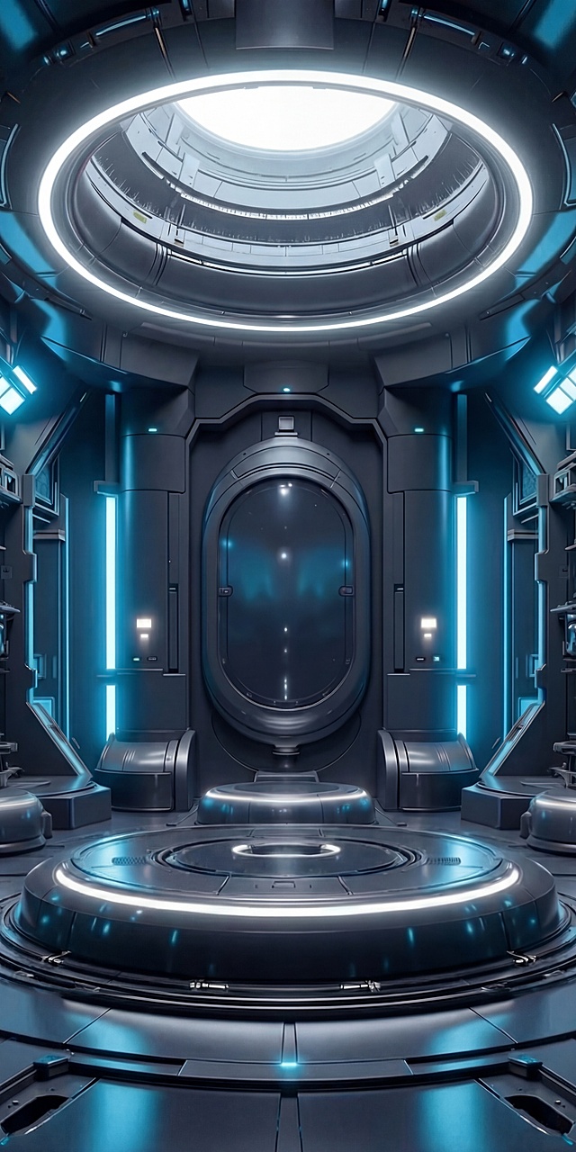 将图片顶部圆形开口上方那一圈浅蓝色荧光灯修改为白色灯光，保留其余浅蓝色灯光和科幻舱室场景结构不变