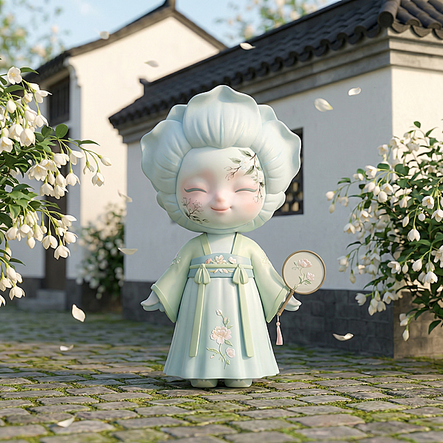 第一个IP：身着浅绿汉服持团扇的茉莉潮玩，置身春日庭院，背景有青石小径、白墙黛瓦、垂枝茉莉花丛，微风轻拂花瓣飘落，OC渲染器，泡泡玛特3D立体Q版可爱风格，哑光树脂材质，表情恬静闭眼微笑，动作轻举团扇