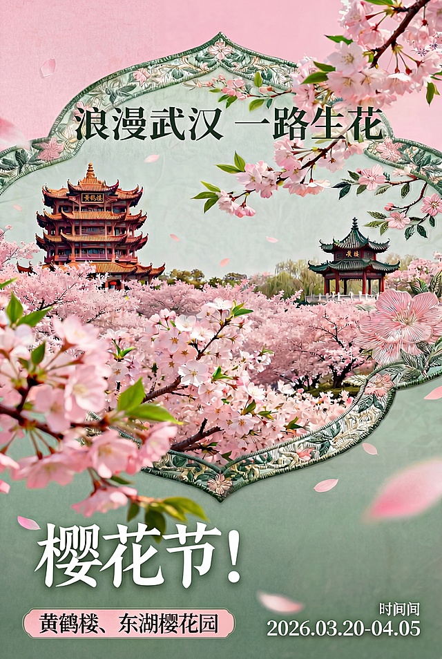 删除图片底部"樱花节"后的逗号，将"樱花节!"居中对齐放置，保持其他所有文字、元素、尺寸和色调不变，保留"浪漫武汉 一路生花"标题，保留"黄鹤楼、东湖樱花园"和"2026.03.20-04.05"时间地点信息，保留汉绣边框和所有景观元素