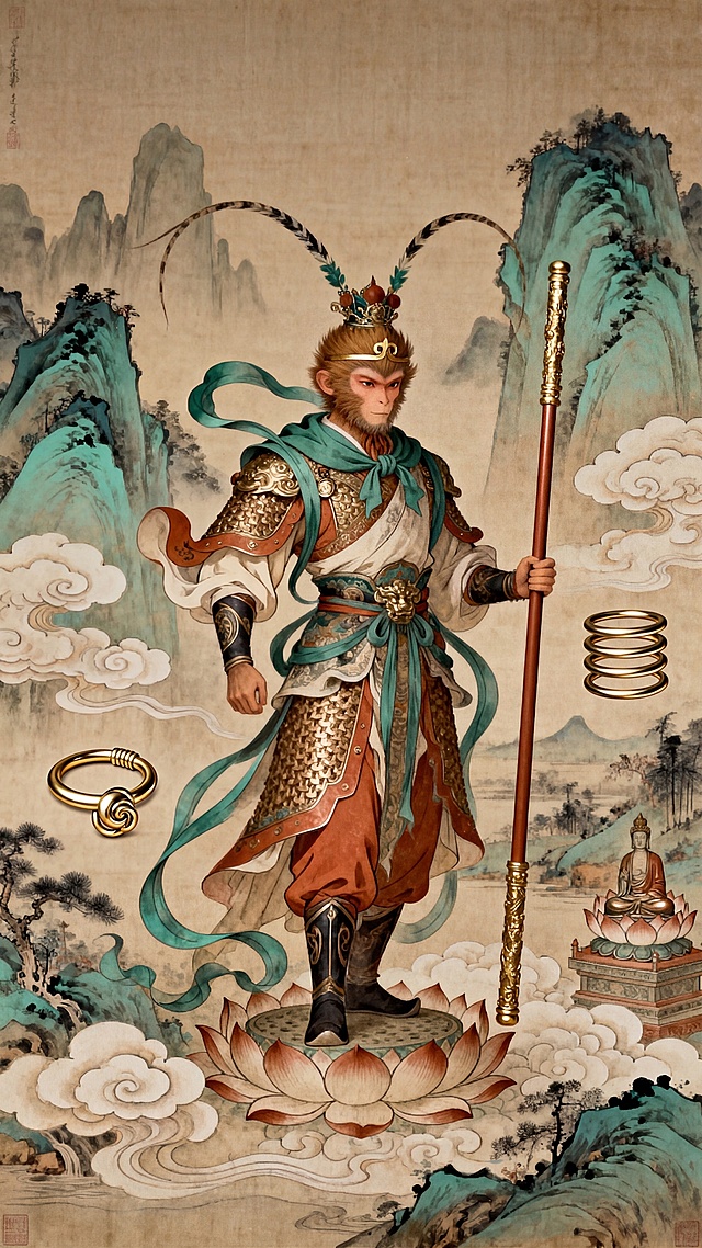 西游主题AI角色场景概念创作，构建西游视觉基因库，融合中国古代传统工笔国画风格，重新创作独特小众的电商海报，融入传统西游记文化符号，兼具当代国际设计潮流感，艺术感高级，视觉冲击力强，核心价值传递东方美学，结合古画构图与色彩，设计独特不流于大众，去掉文字