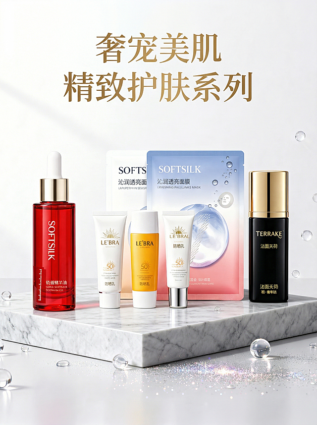 为这张包含四款美妆护肤产品的合成图添加整体化妆品标题，标题放在画面上方醒目位置，文字清晰美观，保持所有产品不变。修改图片尺寸为长410mm宽540mm，画面整体保持轻奢优雅风格，整体明亮干净，商业高级美妆摄影画质。
