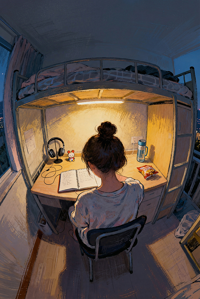 大学生寝室上床下桌核心场景，傍晚一个人坐在桌前，穿着睡衣，头发盘成丸子头。手绘质感带笔刷肌理，低饱和色调，lofi治愈氛围，桌上摆放手账本、耳机、小摆件、水杯和零食，鱼眼镜头，镜头直对人物，保持原有画面内容，尺寸改为A4比例