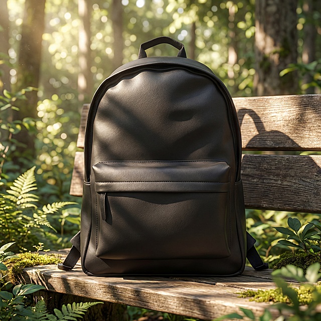 黑色双肩背包，哑光皮质，保持物理结构绝对不变，严禁塌陷变形。直立放置在户外木质长凳上，背景是树木森林。柔和的阳光从树木枝叶间流淌下来，形成斑驳的光影效果，点缀绿色植物。商业高端时尚摄影，4K分辨率，极高材质细节，氛围感种草风格，画面明亮通透，保持产品立体饱满。