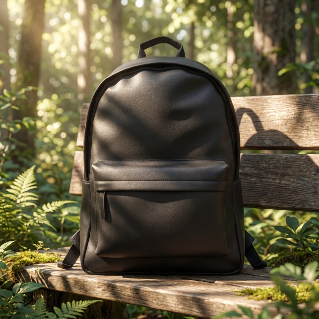 黑色双肩背包，哑光皮质，保持物理结构绝对不变，严禁塌陷变形。直立放置在户外木质长凳上，背景是树木森林。柔和的阳光从树木枝叶间流淌下来，形成斑驳的光影效果，点缀绿色植物。商业高端时尚摄影，4K分辨率，极预览效果