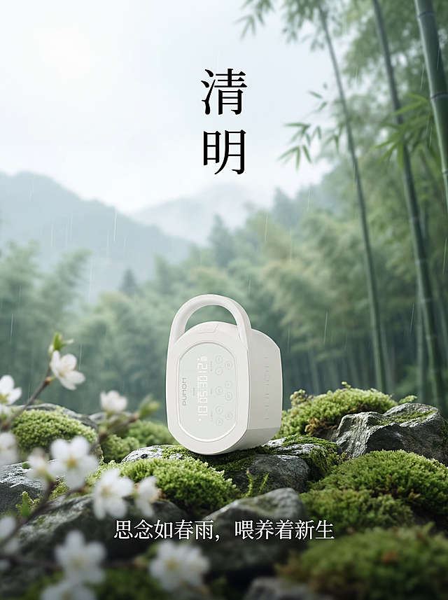 清明节商业海报，主题清明，模糊前景和背景，带有青苔和白色花朵，背景在山间竹林，配文“思念如春雨，喂养着新生”，宋体中文，高质量现代流行风，小红书节日海报，保持原图背景白色不变，单页全景海报，清晰留白，信息分区明确，画面简洁干净，商业风格海报，4k高清，纵向构图