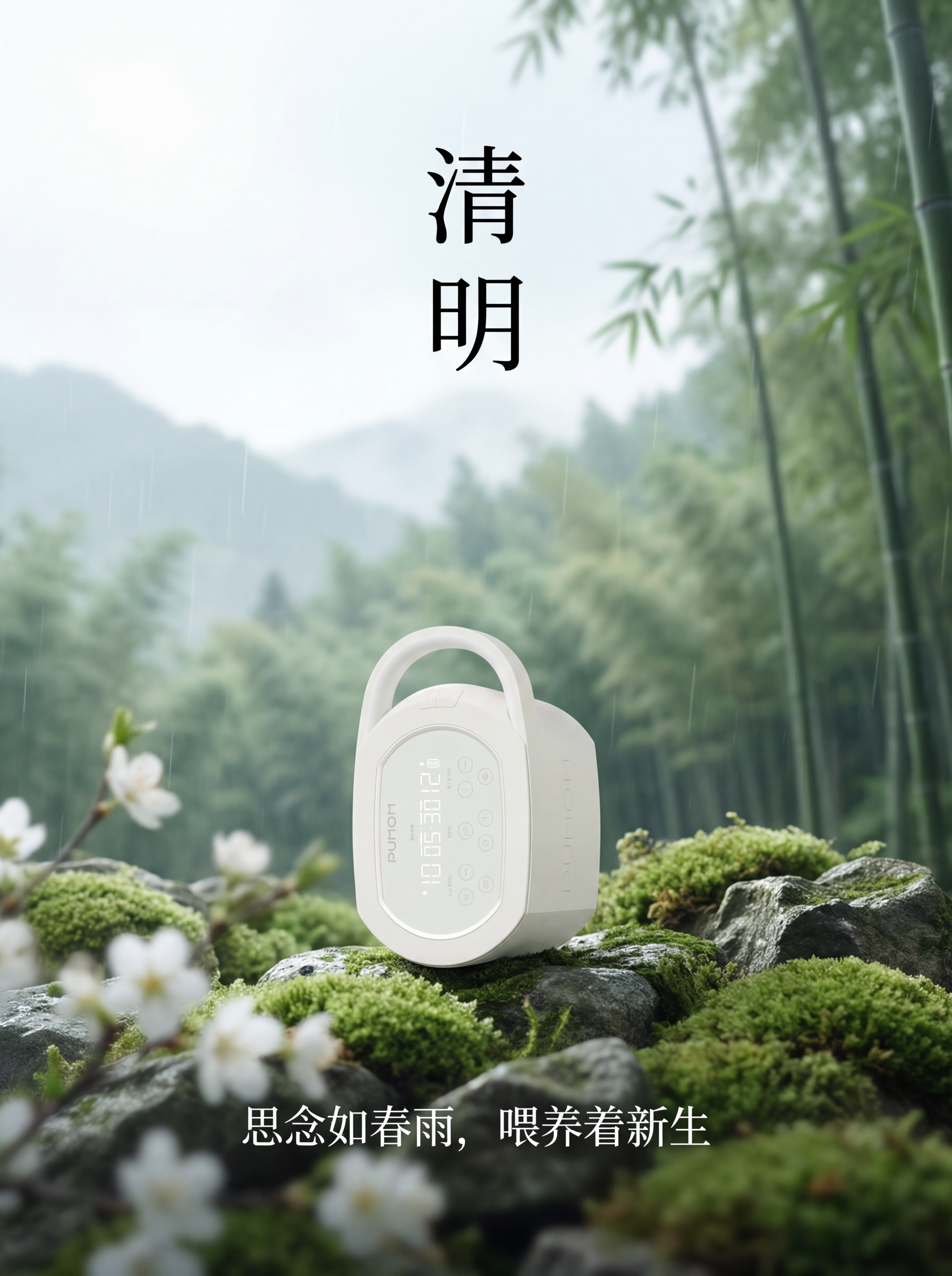 清明节商业海报，主题清明，模糊前景和背景，带有青苔和白色花朵，… - 图片创意预览