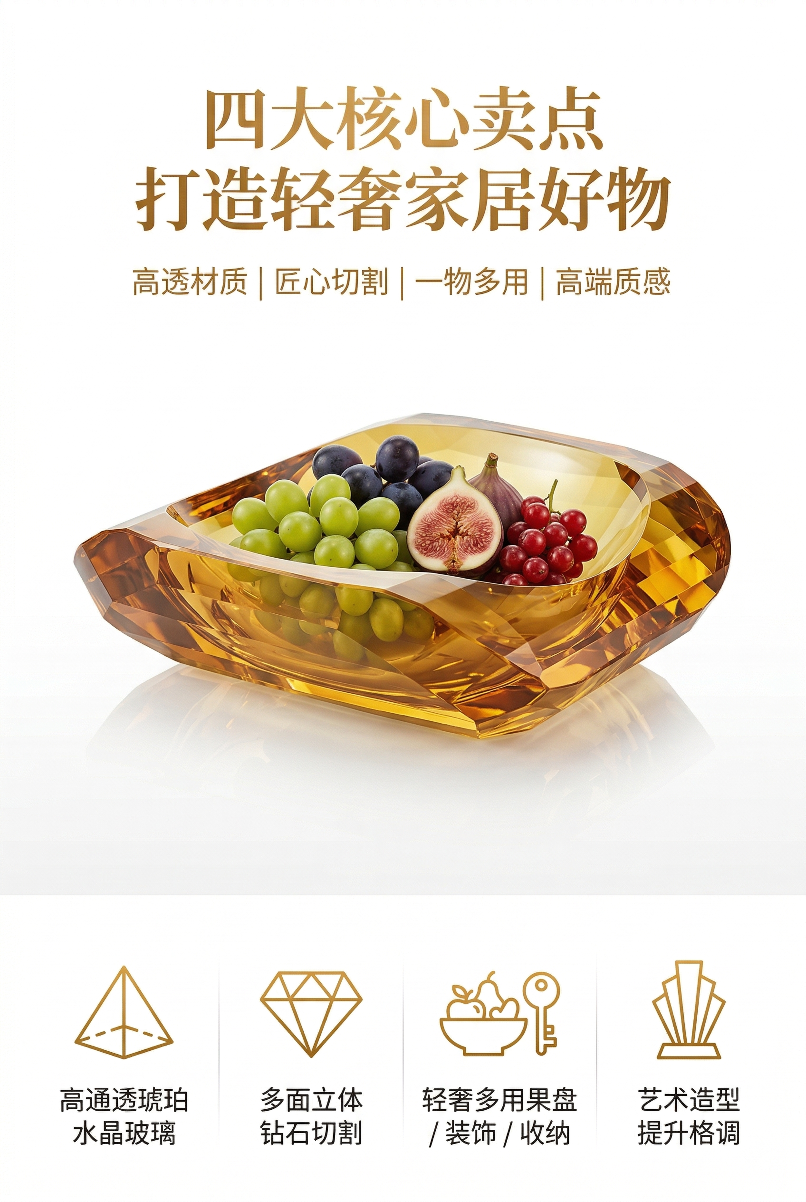 基于参考图严格还原琥珀色多面切割水晶果盘，保持所有细节：琥珀色… - 图片创意预览
