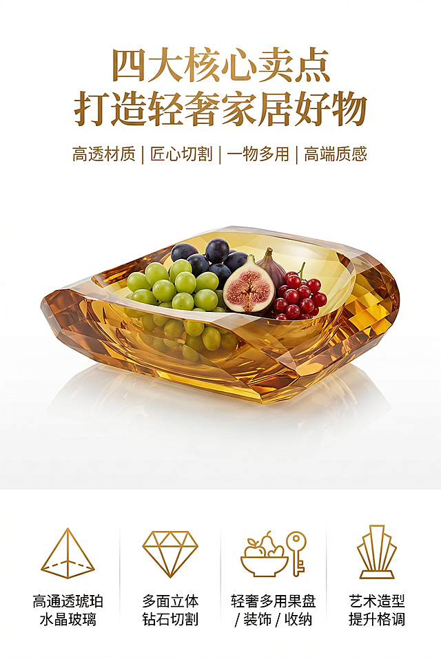 基于参考图严格还原琥珀色多面切割水晶果盘，保持所有细节：琥珀色、多面切割工艺、造型、通透质感，商业级8K超清，专业影棚柔光，纯白背景，水晶果盘里面放置水果。这是一张竖版电商卖点海报排版：顶部居中置顶大号无衬线烫金字体主标题"四大核心卖点 打造轻奢家居好物"，主标题下方居中摆放小号同字体副标题"高透材质 | 匠心切割 | 一物多用 | 高端质感"。画面上半部分占比50%放置产品全景图，下半部分分为4个等大极简模块，每个模块配同主色调的极简几何图标，四个模块分别标注文字："高通透琥珀水晶玻璃"、"多面立体钻石切割"、"轻奢多用果盘 / 装饰 / 收纳"、"艺术造型提升格调"，所有文字格式统一。整体风格现代轻奢极简，画面高级统一，无割裂感。负面提示词：模糊、噪点、变形、失真、产品细节缺失、切割工艺错误、颜色偏差、分栏混乱、图标杂乱、文字排版混乱、多余元素、阴影、反光、背景杂质、非竖版、低分辨率、粗糙质感、割裂感、文字遮挡产品