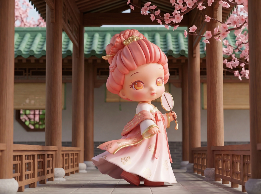 为第二个IP角色（手持团扇款）生成自然融合场景：庭院回廊下，微风拂动裙裾，角色轻摇团扇，侧身回眸浅笑，背景有粉樱垂枝与青瓦飞檐, OC渲染器，泡泡玛特Q版3D潮玩风格，哑光树脂材质，保留原角色造型与服预览效果