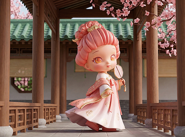 为第二个IP角色（手持团扇款）生成自然融合场景：庭院回廊下，微风拂动裙裾，角色轻摇团扇，侧身回眸浅笑，背景有粉樱垂枝与青瓦飞檐, OC渲染器，泡泡玛特Q版3D潮玩风格，哑光树脂材质，保留原角色造型与服饰细节