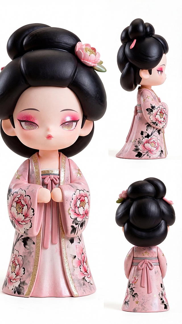 参考图片中的芍药花妖IP手办，生成包含正面、侧面、背面的三视图，整合到同一张图片中，保留原IP的服饰、造型和配色特征