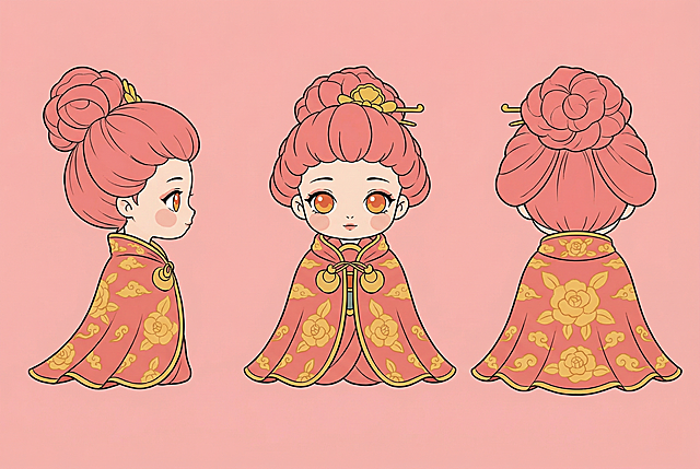 基于这个山茶妖IP形象，生成整合在一张图里的三视图，包含正面、侧面、背面三个视角，保持扁平手绘风格，保留粉色山茶发髻、金色花纹和胭脂红色明制披风的设计，干净排版，同一浅粉色背景