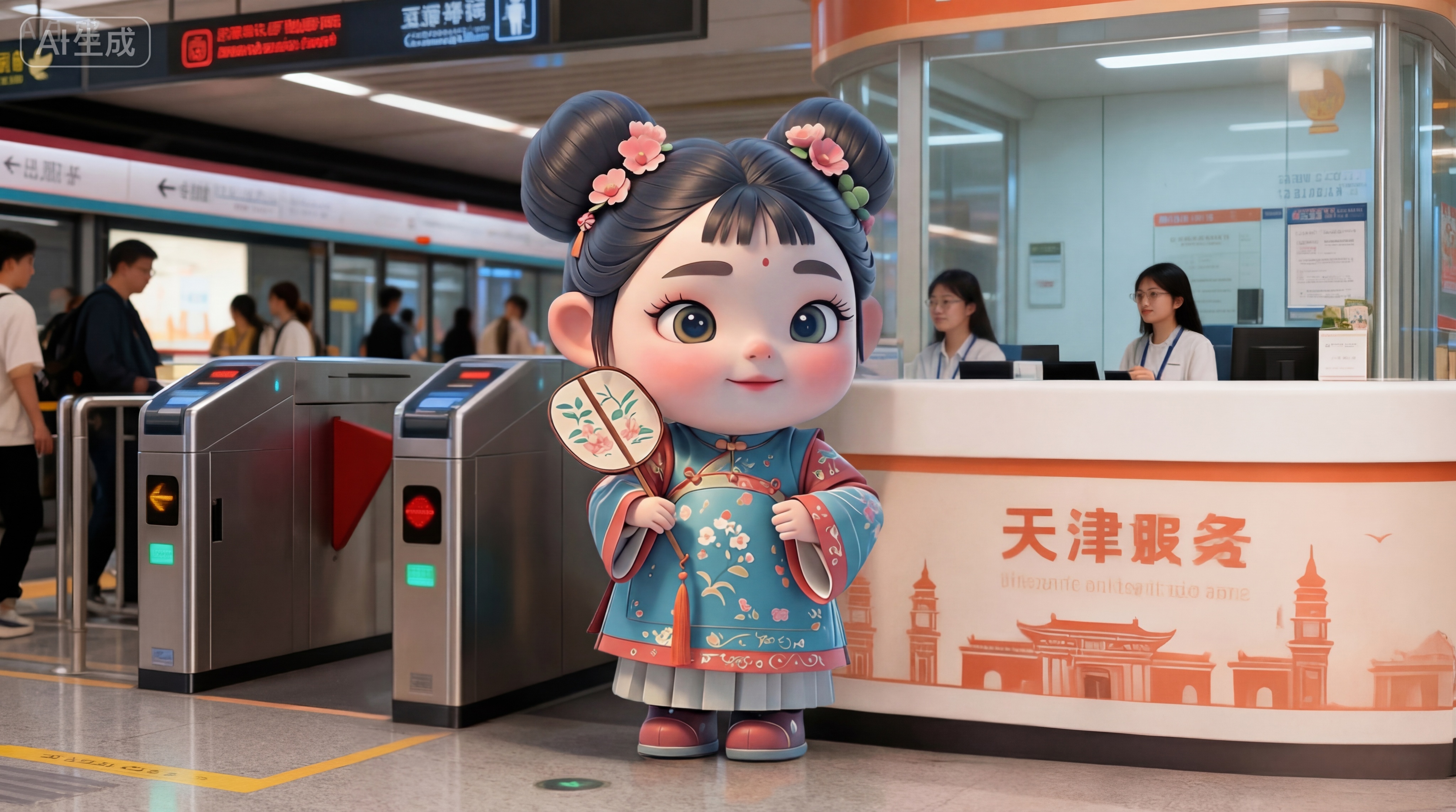 将图2中的IP人物替换为图1的Q版国风形象（蓝绿服饰、双髻花饰… - 图片创意预览