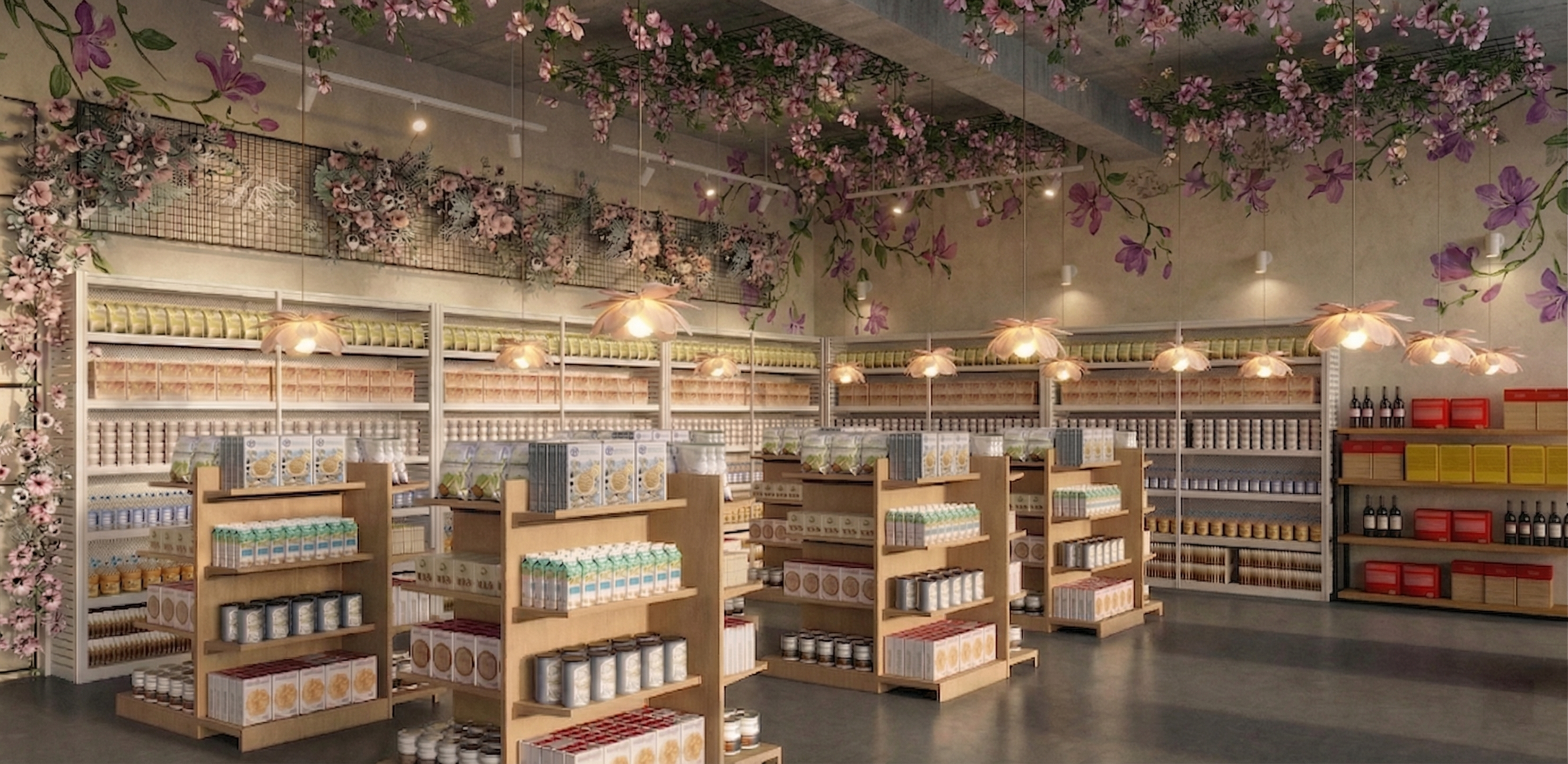 不改变原有超市货架商品布局，只修改装饰部分：将现有吊灯替换为花… - 图片创意预览