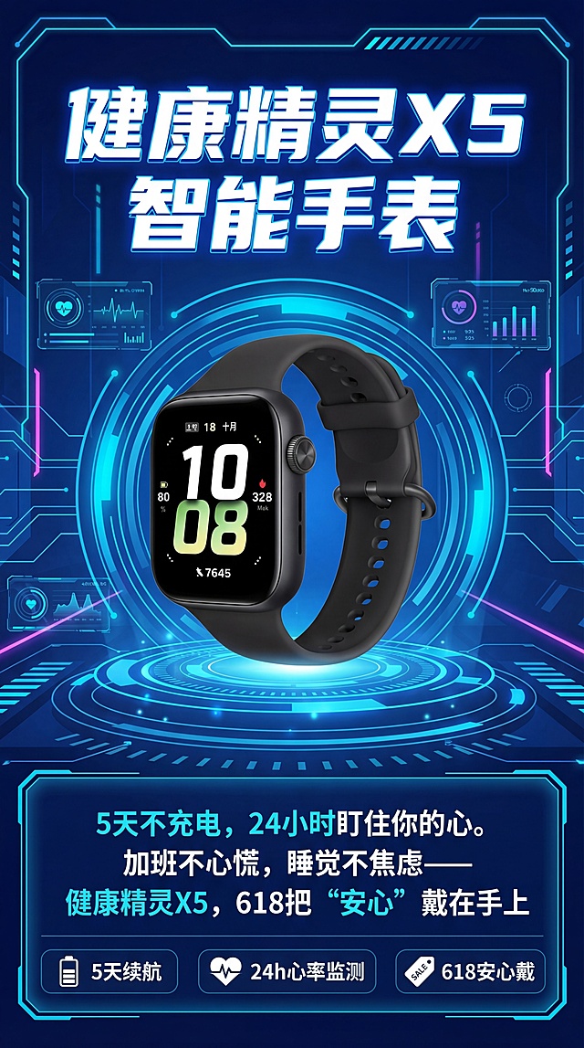 618智能手表X5宣传海报，产品图位于中心，深蓝色科技感背景，上方大标题写着"健康精灵X5智能手表"，产品图下方放置广告语"5天不充电，24小时盯住你的心。加班不心慌，睡觉不焦虑——健康精灵X5，618把‘安心’戴在手上"，整体风格现代科技感，适合电商促销，突出健康监测与长续航卖点