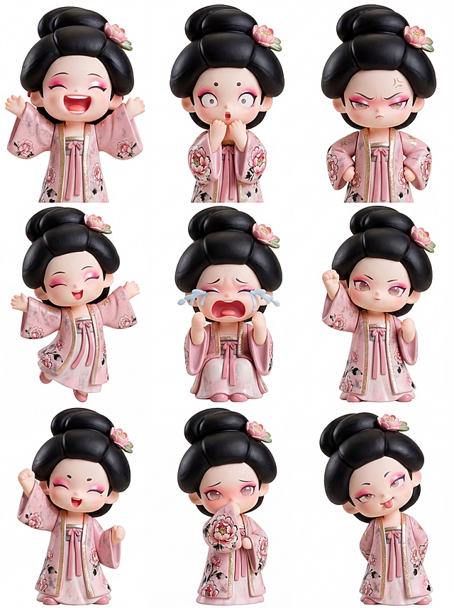 参考原芍药花妖手办形象，做形象动作延展，设计一套8张不同表情和动态，表情动作幅度大，活泼夸张，保持Q版手办风格，原图发型不变，白色背景