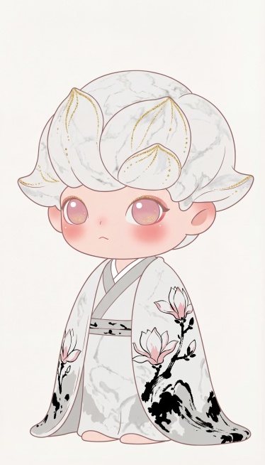 将这个玉兰妖潮玩手办转为纯正面的扁平手绘插画风格，保留玉兰花造型发型、带有玉兰花水墨印花的明制披风，保留浅金细闪和胭脂腮红的设计特点，整体扁平简约手绘，纯色背景预览效果