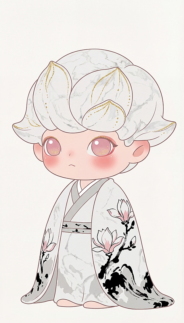 将这个玉兰妖潮玩手办转为纯正面的扁平手绘插画风格，保留玉兰花造型发型、带有玉兰花水墨印花的明制披风，保留浅金细闪和胭脂腮红的设计特点，整体扁平简约手绘，纯色背景