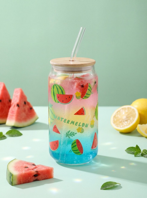 高硼硅透明玻璃可乐罐玻璃杯，杯身印满绿色西瓜图案，保持物理结构绝对不变，严禁扭曲。杯中装入马卡龙渐变色水果气泡水，通透高硼硅玻璃完全展示杯身印花。
微俯视构图，主体占画面70%，平稳放置在马卡龙配色的预览效果