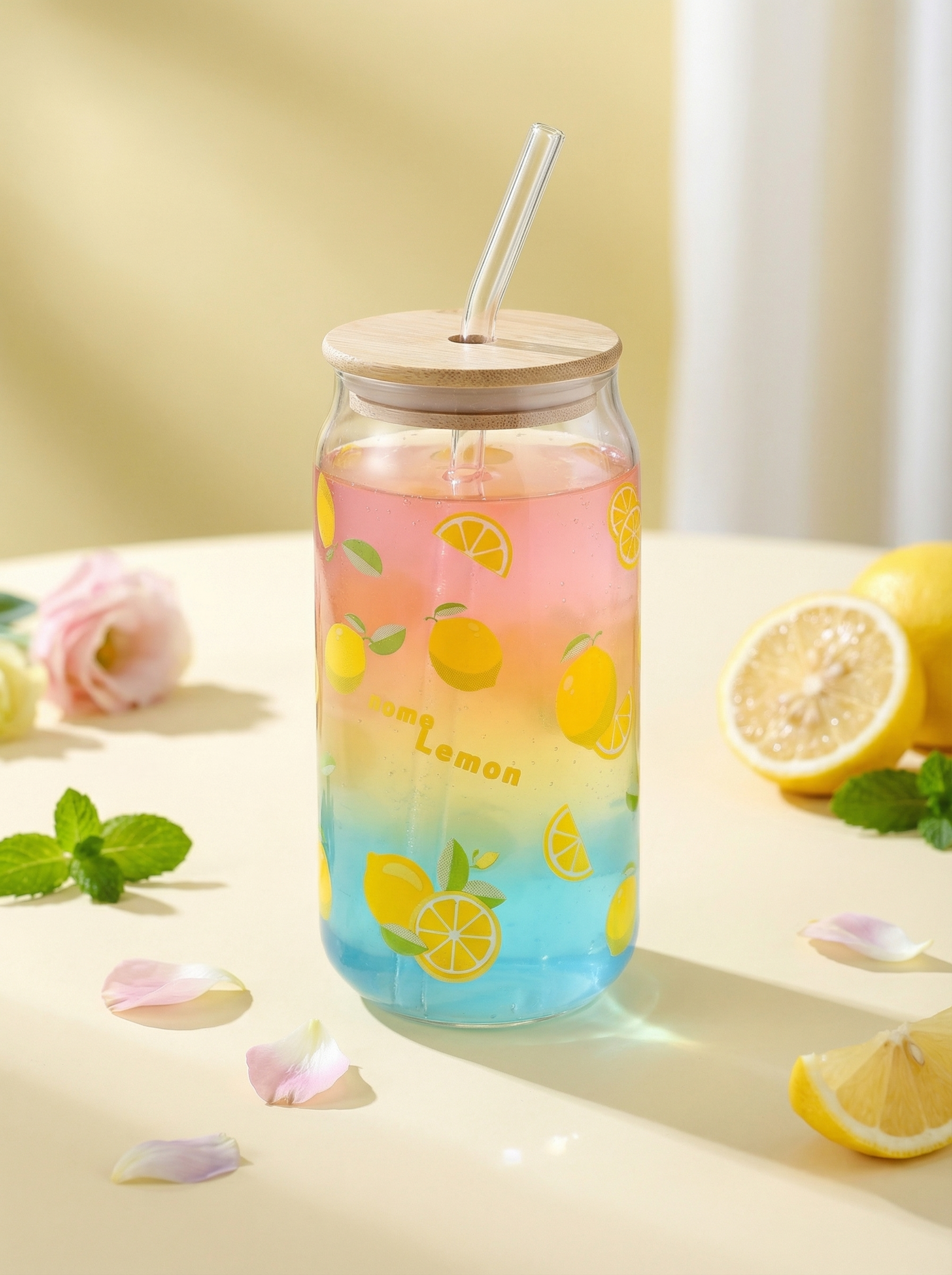 高硼硅透明玻璃可乐罐玻璃杯，杯身印满黄色柠檬图案，保持物理结构… - 图片创意预览