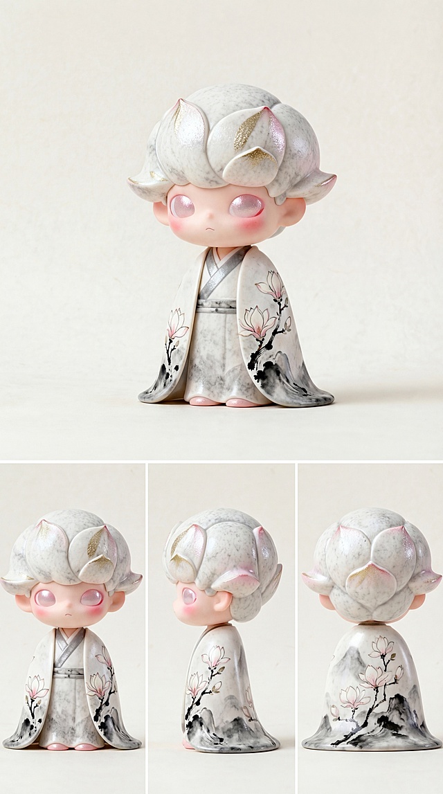 将这个玉兰妖潮玩IP生成三视图，分别展示正面、左侧面、背面，将三个视角整合在同一张图上，保留原IP的所有设计特点：玉兰花纹理头发、浅金细闪、胭脂腮红、水墨玉兰花刺绣明制披风，保持整体统一风格