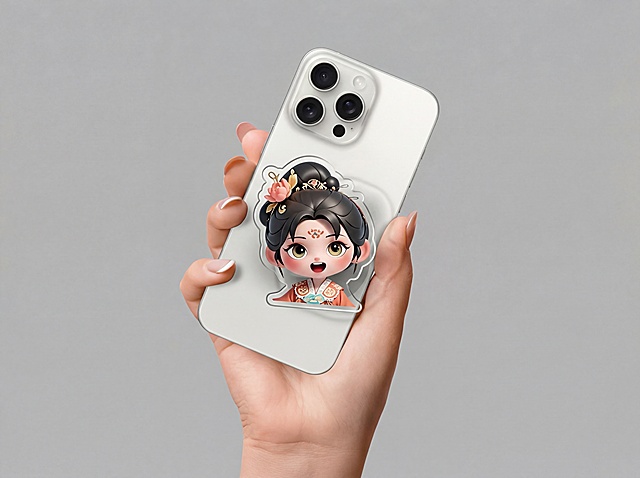 将图1中手机气囊支架上的图案替换为图2的Q版古风IP表情包形象（张嘴惊喜表情、黑发双髻、花饰、橙色服饰），保持支架结构与手机整体不变，高清4K画质，原图比例