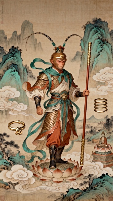 西游主题AI角色场景概念创作，构建西游视觉基因库，融合中国古代传统工笔国画风格，重新创作独特小众的电商海报，融入传统西游记文化符号，兼具当代国际设计潮流感，艺术感高级，视觉冲击力强，核心价值传递东方美预览效果