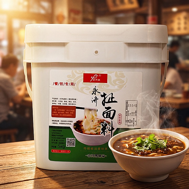 永济扯面料桶装产品，白色塑料桶包装，保持物理结构绝对不变，保持包装上的Logo和文字原样不变。放置在餐馆木质餐桌上，旁边摆放一碗做好的胡辣汤，热气腾腾，营造真实餐馆用餐场景。暖调黄金逆光氛围，聚光打在产品和胡辣汤上，增强食物诱惑感。汤汁冒着热气，点缀少许香菜，增加食欲生机。商业高端美食摄影，8K分辨率，极高材质细节，真实实景氛围感，极具美食诱惑。保持1:1比例
