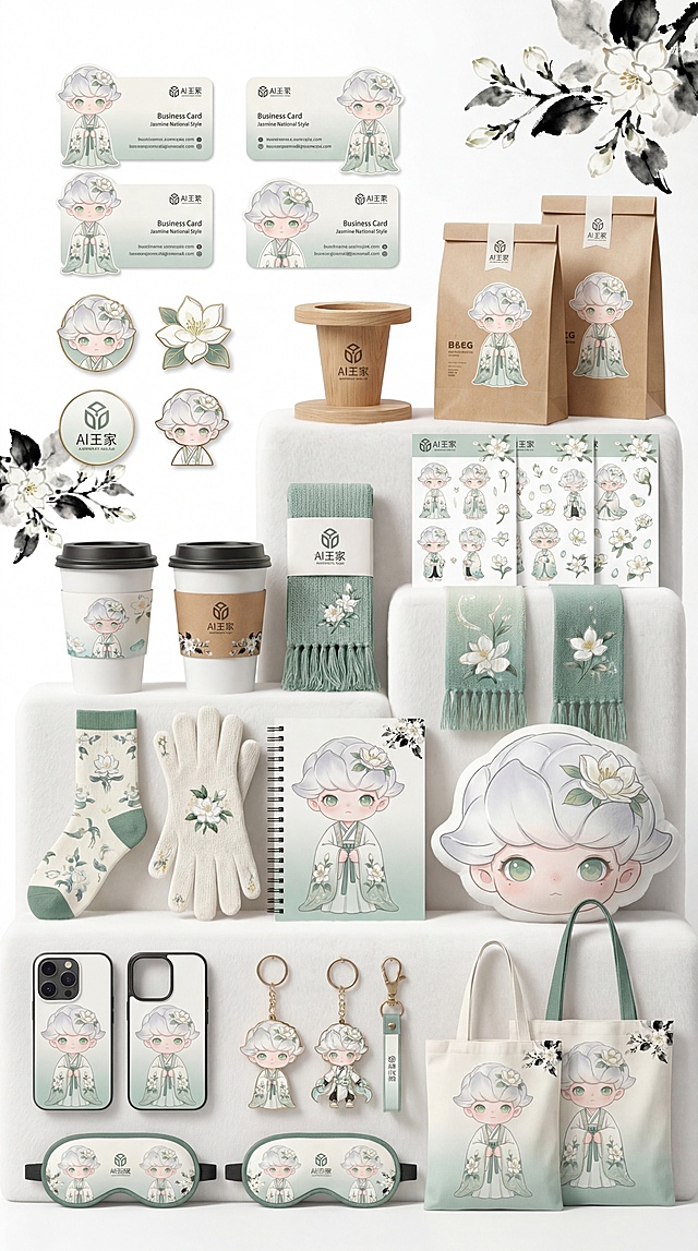 IP形象周边产品设计，风格可爱童趣，专业布光，专业产品摄影。物品包括：异形名片、多个徽章、咖啡摆架、包装袋、多个贴纸、咖啡杯及杯套、围巾、袜子、手套等配饰、线圈笔记本、毛绒抱枕、手机壳手提袋、钥匙链、眼罩等物品。每个物品里的元素都是用参考图里的茉莉主题Q版IP形象去延展设计，把整批物料在一个幽幽的展示台有秩序的陈列在一起。下方是毛绒展台，背景为白色，呈现统一的品牌标识与茉莉国风风格，专业的品牌视觉氛围，突出产品多样性与品牌一致性，背景干净，契合可爱国风品牌包装定位，实录拍摄质感。参考的IP形象为银发搭配茉莉装饰，古风白绿渐变汉服，整体风格清新淡雅，Q版可爱。