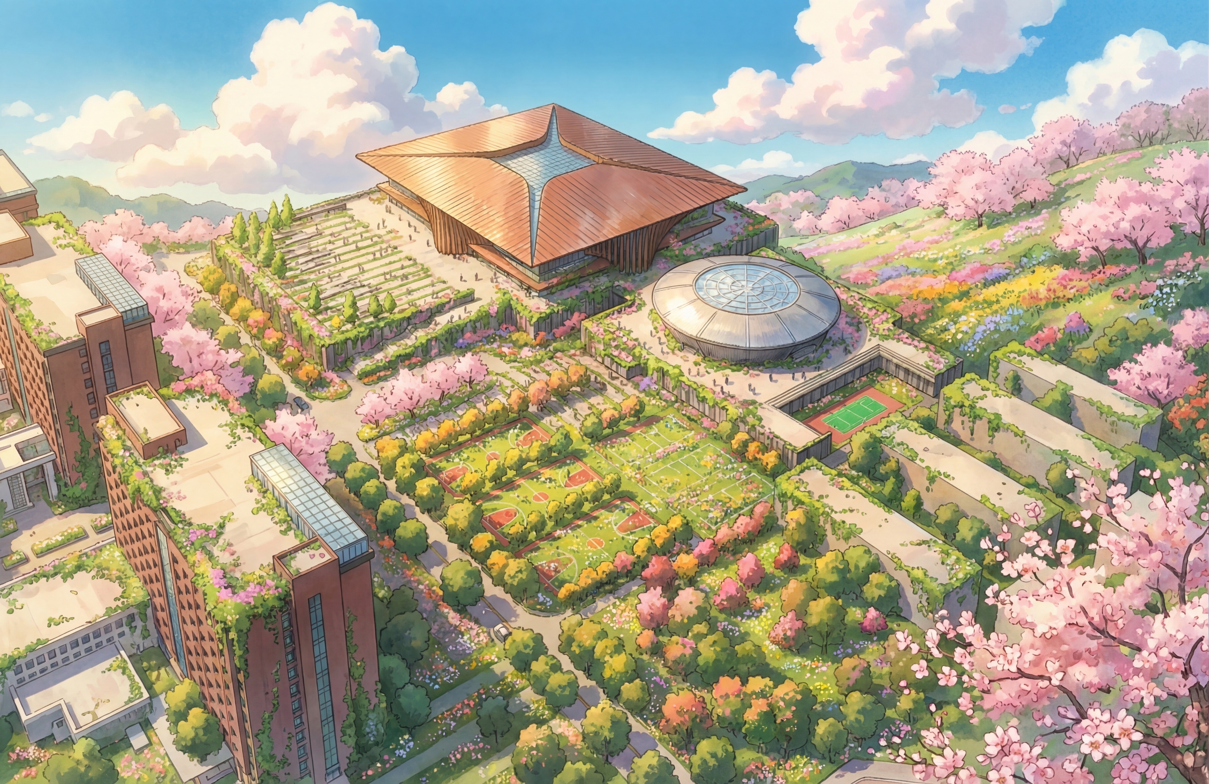 将图片改为充满治愈感的宫崎骏动画风格，建筑坐落在繁花与粉樱簇拥… - 图片创意预览