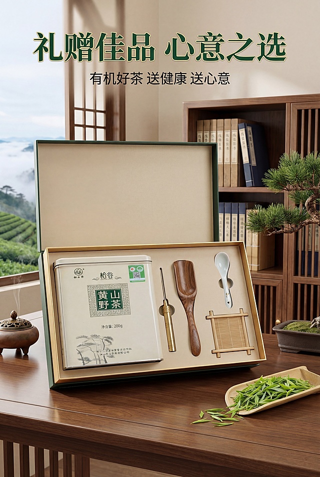 高端礼赠风新中式杂志级礼赠排版，比例2:3竖版，主标题"礼赠佳品 心意之选"，副标题"有机好茶 送健康 送心意"。画面主体为中式礼盒场景，松谷黄山野茶产品罐置于礼盒中，搭配茶针、茶则等茶礼配件，背景为中式书房茶空间，主标题叠加在画面上方，副标题在下方，高级感拉满，凸显礼赠价值。严格还原产品包装设计、颜色、LOGO位置、文字内容、图案元素，产品比例1:1真实协调，8K高清，光影柔和，氛围雅致，主色调米白+深绿+金；产品与礼盒比例协调，细节完整，字体采用思源黑体，层级分明。避免礼盒变形、产品细节丢失、字体混乱、配色突兀、低清、水印、多余元素、光影刺眼、比例失调