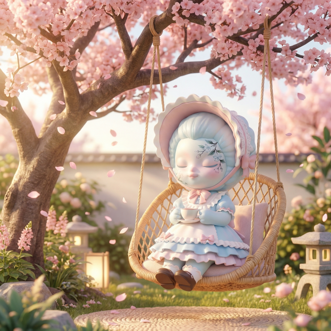 第四个IP：穿洛丽塔裙装持茶杯的潮玩，坐在庭院秋千上，背景有樱花树、藤编吊椅、飘落花瓣，阳光柔和，OC渲染器，泡泡玛特3D立体Q版可爱风格，哑光树脂材质，表情恬静微笑，动作轻握茶杯端坐预览效果