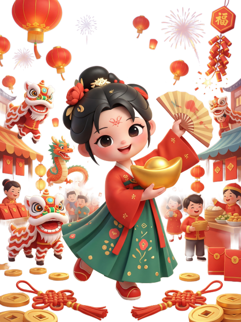 修改这张春节海报，改变原IP古风少女的动作，让动作更生动自然，增加互动感，保留IP原本的造型服饰和整体热闹喜庆的春节场景氛围，保持3D卡通风格预览效果