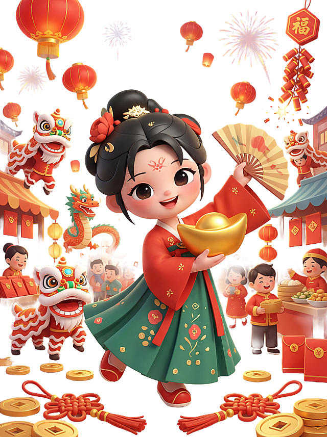 修改这张春节海报，改变原IP古风少女的动作，让动作更生动自然，增加互动感，保留IP原本的造型服饰和整体热闹喜庆的春节场景氛围，保持3D卡通风格