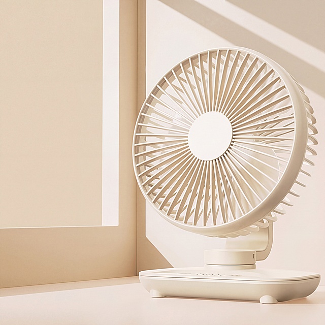 保留原图中的台式小风扇主体，去掉图片中所有文字文案，保留原背景，保持原图的构图、光影和风扇的颜色质感不变，确保风扇轮廓清晰自然，修复去除文字后留下的背景瑕疵，保持整体画面协调一致