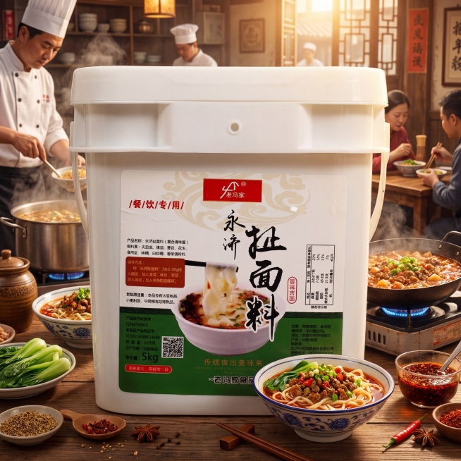 将这款永济扯面料产品放置在制作臊子面的餐馆实景场景中，作为宣传海报，画面充满美食氛围感，突出美食诱惑，餐馆内有正在制作的臊子面，保持产品原有包装和文字信息完整，产品物理结构不变，实景风格，暖调聚光氛围预览效果