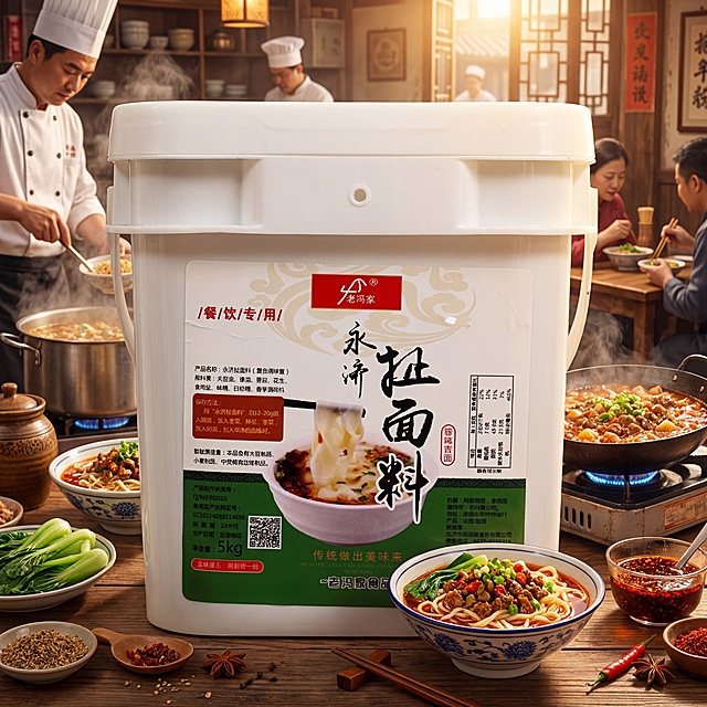 将这款永济扯面料产品放置在制作臊子面的餐馆实景场景中，作为宣传海报，画面充满美食氛围感，突出美食诱惑，餐馆内有正在制作的臊子面，保持产品原有包装和文字信息完整，产品物理结构不变，实景风格，暖调聚光氛围黄金逆光，增加食欲感，商业美食摄影，4K超清