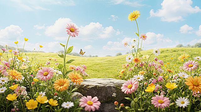 根据原图方形构图风格，调整为16:9比例，强化春天花朵春日氛围，保留原有清新自然风景构图，整体春意盎然