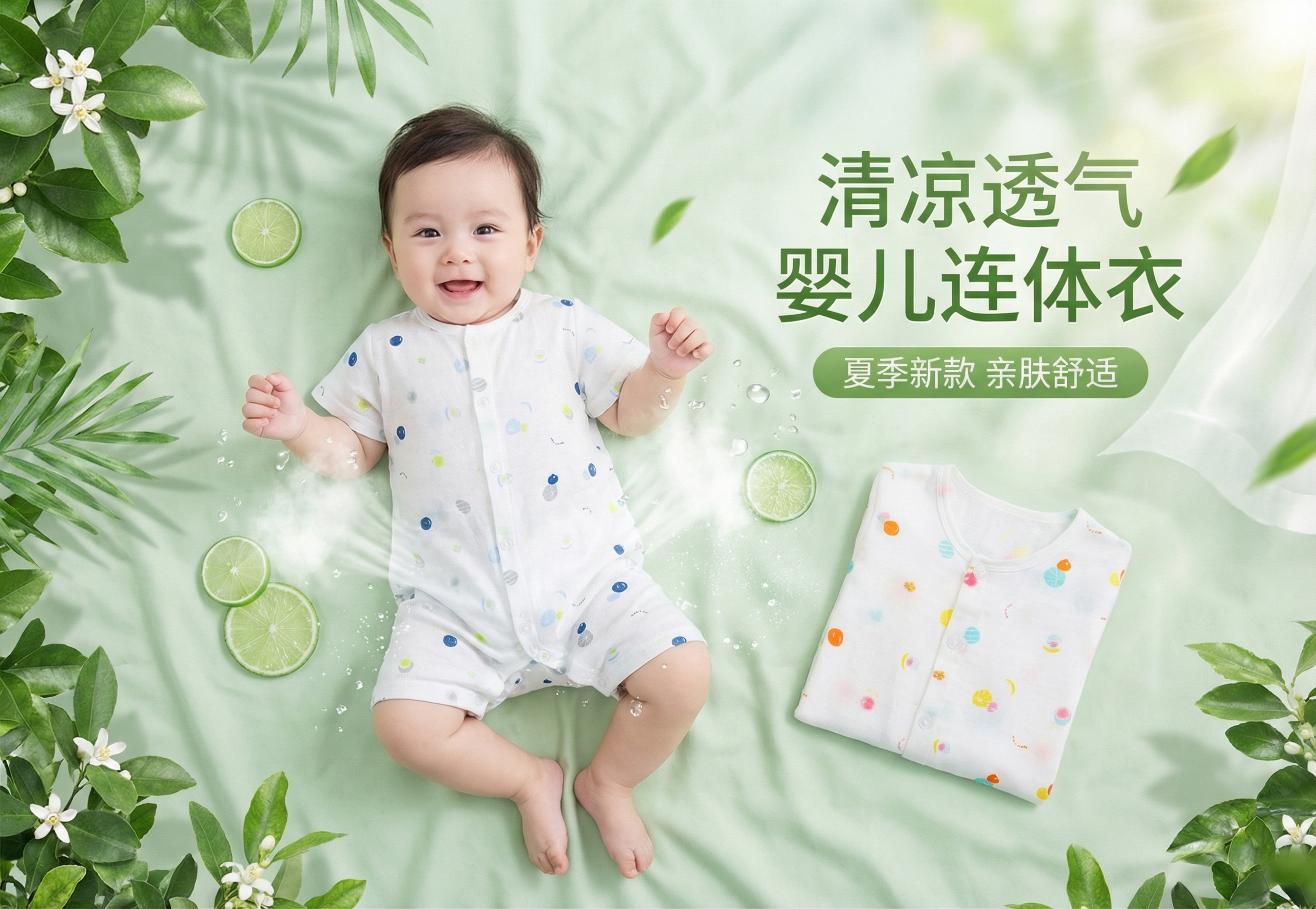 基于这件婴儿连体衣，生成淘宝主图，展现衣服清凉透气的效果，添加… - 图片创意预览