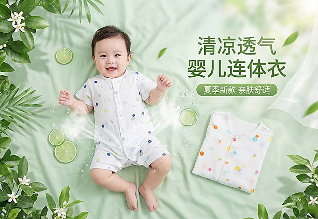 基于这件婴儿连体衣，生成淘宝主图，展现衣服清凉透气的效果，添加绿色清新元素，生成模特上身穿着效果，干净清新的淘宝主图风格
