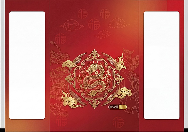 保持原图的包装框架结构和两侧留白区域，重新生成国潮风格包装设计，深蓝色渐变背景改为国潮喜庆红色渐变底纹，将原图的麦穗图案替换为金色龙纹图案，保留中心圆形装饰框构图和右下角净含量标签位置
