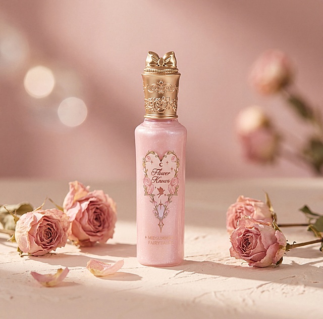 花知晓提亮液产品主体，通透珠光质地，细腻清透光泽，保持产品物理结构绝对不变，保留瓶身文字Logo，严禁扭曲变形。微距特写构图，主体放置在浅奶白色精致石膏台面上，纯净浅粉色柔光背景，拉开景深。暖调柔和漫射光影，侧方窗光，展现清透通透的珠光质感，轮廓光柔和优雅。点缀几朵干枯粉色玫瑰花，焦散光斑自然灵动，营造少女感氛围。高级甜美风格，浅粉与奶白柔和配色，干净柔光背景，精致光影，少女感轻奢质感，高清细节，美妆产品商业摄影，干净构图，氛围感柔和，高级感满满，甜美不甜腻，精致优雅，商业高端美妆摄影，极高材质细节，极致干净通透。