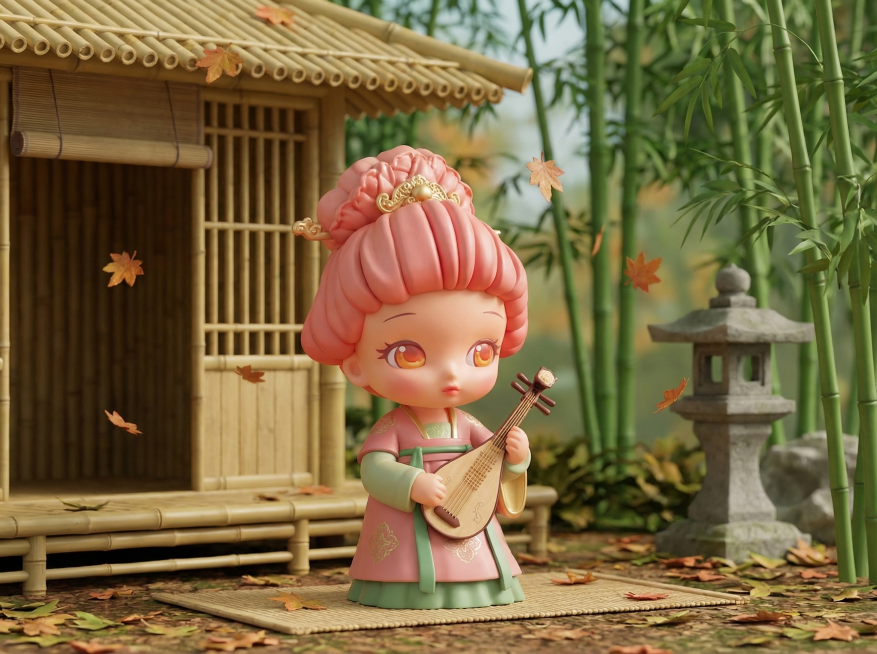 为第四个IP角色（持琵琶款）生成自然融合场景：竹林小筑旁，角色席地而坐轻拨琵琶，落叶纷飞，背景有翠竹与石灯笼，OC渲染器，泡泡玛特Q版3D潮玩风格，哑光树脂材质，保留原角色造型与服饰细节预览效果