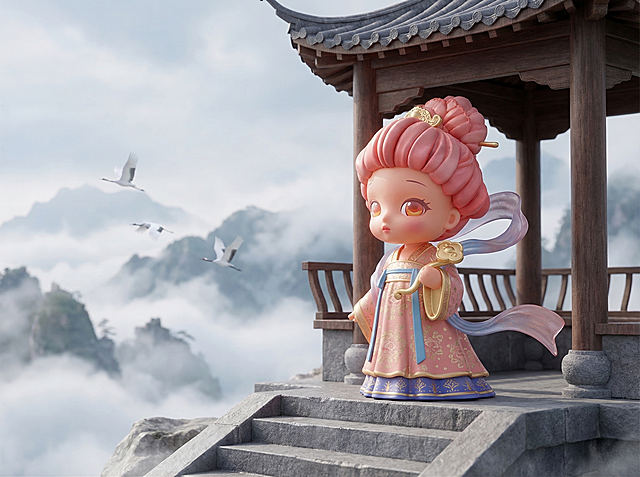 为第三个IP角色（持如意款）生成自然融合场景：云雾缭绕的山巅亭台，角色立于石阶上手持如意眺望远方，衣袂飘扬，背景有远山与白鹤掠过，OC渲染器，泡泡玛特Q版3D潮玩风格，哑光树脂材质，保留原角色造型与服饰细节