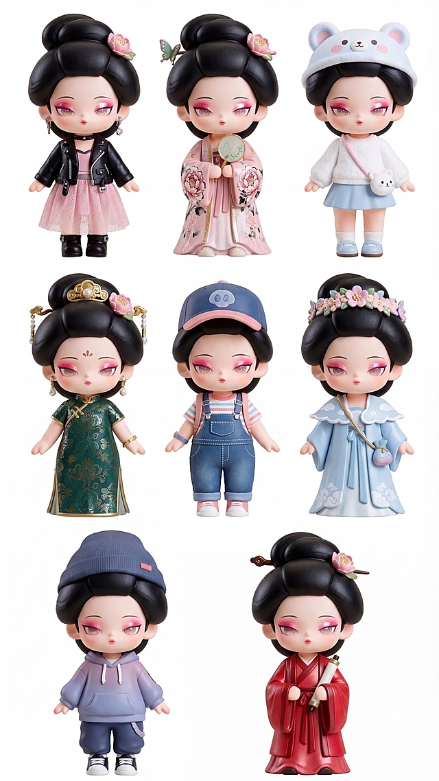 参考原芍药花妖角色，保持角色面部特征和原图发型不变，设计8种不同搭配，包含现代风格和古风风格衣服，搭配对应配饰，呈现可爱、甜酷、软萌等不同造型，纯白背景，保持整体Q版手办风格一致