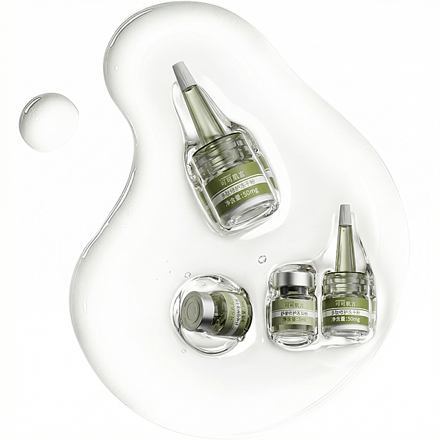 将图2的三个护肤品产品，融合到图1的透明液体里，保证产品瓶身上的字体清晰不变形，不出现乱码，保证产品物理细节不变。
精准匹配透视角度，实现空间尺度物理融合，确保产品自然融入液体中。
重置产品光影，增强光照一致性，赋予自然光影及真实透明液体效果。
产品色温亮度与透明液体完全协调，玻璃材质增加环境映射。
消除视觉接缝，画面自然真实，保持原色调，强化商业摄影质感。
保持原图比例。4K分辨率。
负向提示词: 抠图白边,阴影方向错误,光影不匹配,透视错误,空间比例失调,巨物感,微缩模型感,悬空,违背物理常识,贴纸感,视觉接缝,边缘生硬,变形,扭曲,画面被裁剪,比例改变,背景被篡改,文字变形,乱码